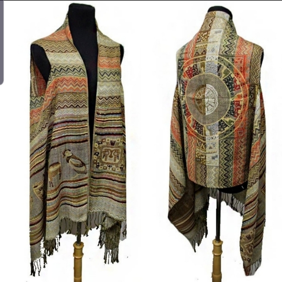 Last 1! Pashmina fringed Aztec print khaki vest - Picture 5 of 5
